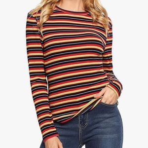 Milumia Women's Casual Striped Tee Ribbed Knit Slim Fit Long Sleeve T Shirt